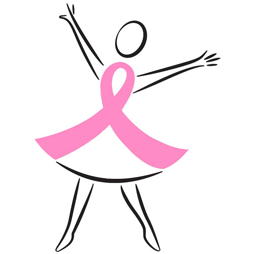 Abstract logo illustration of a pink breast cancer awareness ribbon worn by a woman as a dress. Hands raised in celebration because of victory as a survivor or for a cure.