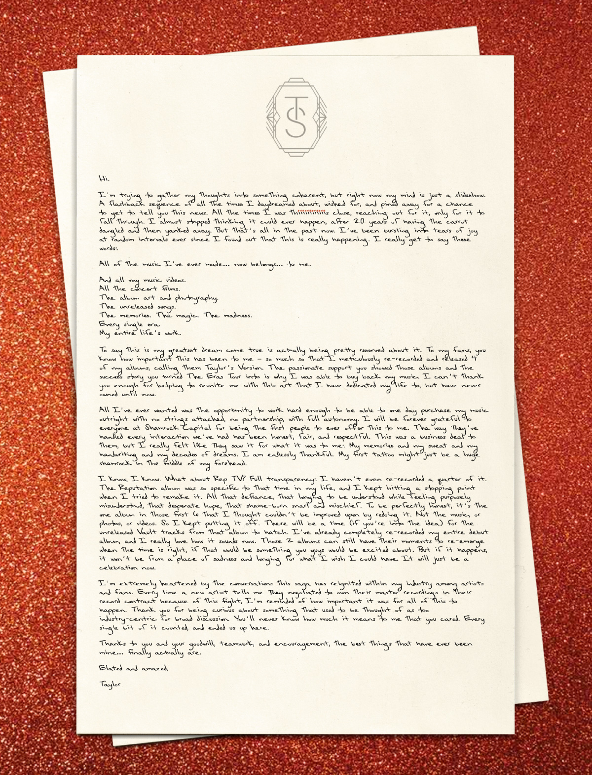 personal etter written by Taylor Swift