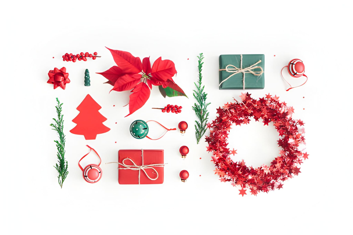 Christmas poinsettia gifts pine branches toys