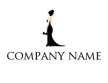 lady standing in black dress clothing logo