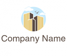 buildings in circle with birds and cloud logo