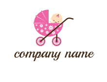 baby head popping out from the pink baby stroller daycare logo