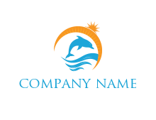 dolphin diving in sea with sun logo