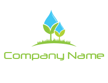 water drop merge with plant over grass logo