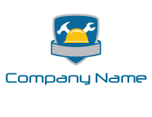 helmet with hammer and wrench in shield logo