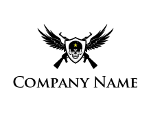 guns and wings behind skull in shield logo