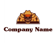 desert scenery behind skull wearing cowboy hat logo