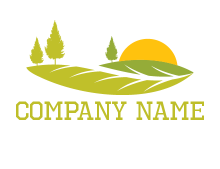 sunset over pine trees and farm logo