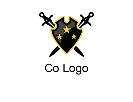 swords crossed behind shield graphic