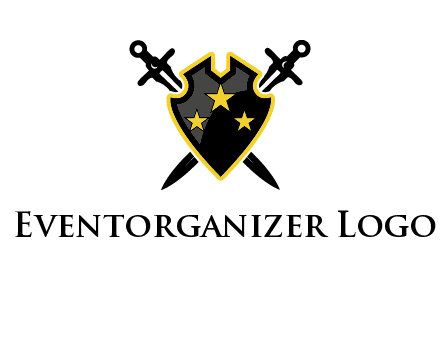swords crossed behind shield graphic