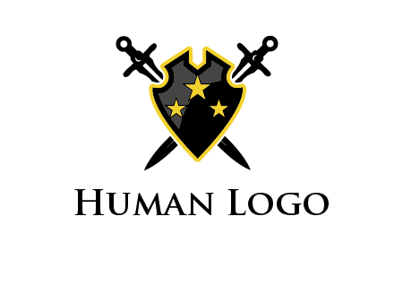 swords crossed behind shield graphic