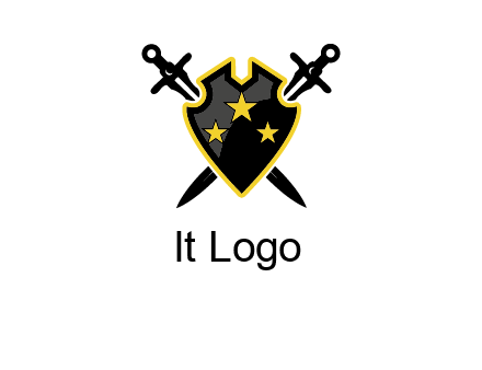 swords crossed behind shield graphic