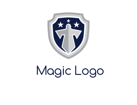 stars with sword in shield security logo