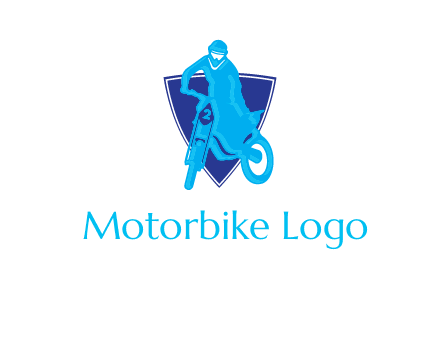 dirt bike in front of shield logo