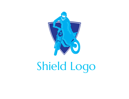 dirt bike in front of shield logo