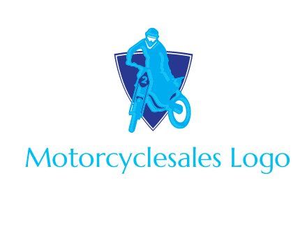 dirt bike in front of shield logo