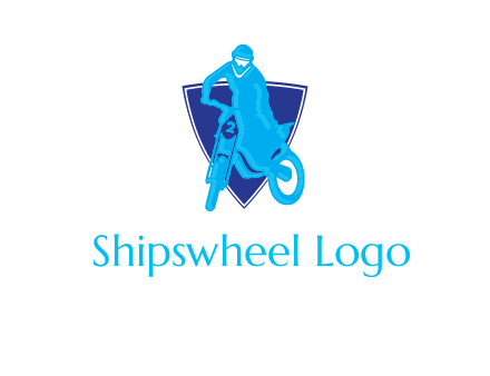 dirt bike in front of shield logo