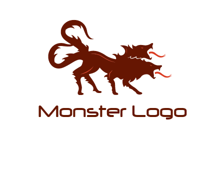 Orthrus logo with monster wolf or dog with two heads breathing fire