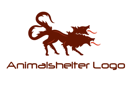 Orthrus logo with monster wolf or dog with two heads breathing fire