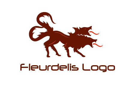 Orthrus logo with monster wolf or dog with two heads breathing fire
