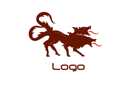 Orthrus logo with monster wolf or dog with two heads breathing fire