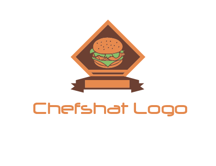 burger in rhombus with ribbon restaurant logo