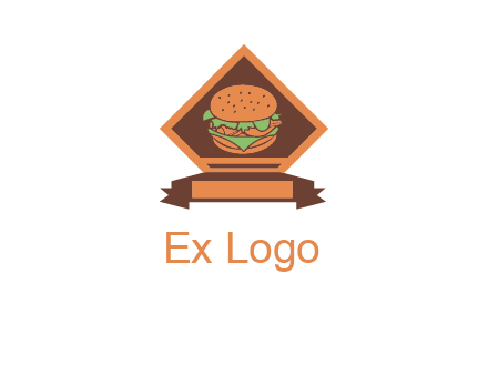 burger in rhombus with ribbon restaurant logo