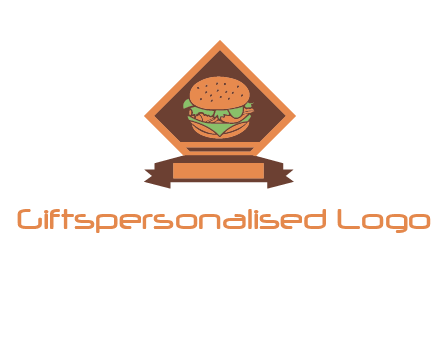 burger in rhombus with ribbon restaurant logo