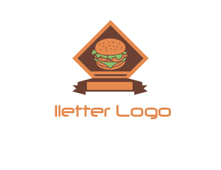 burger in rhombus with ribbon restaurant logo