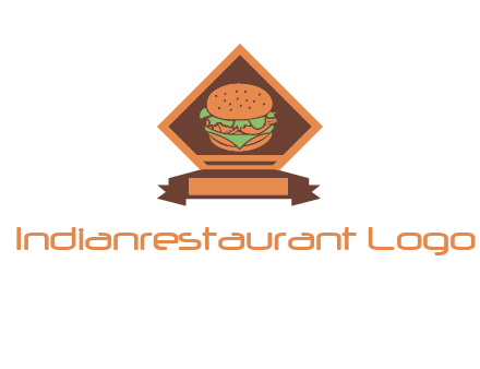 burger in rhombus with ribbon restaurant logo