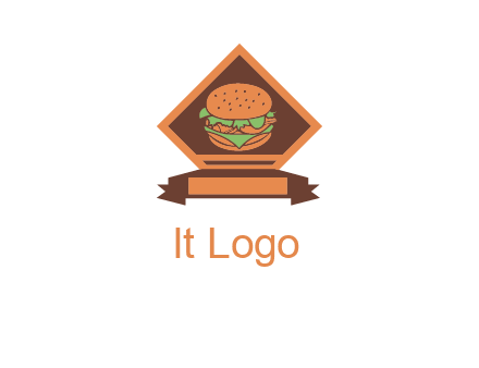 burger in rhombus with ribbon restaurant logo