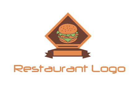 burger in rhombus with ribbon restaurant logo