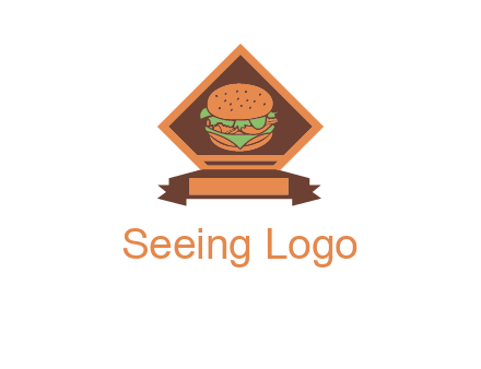 burger in rhombus with ribbon restaurant logo