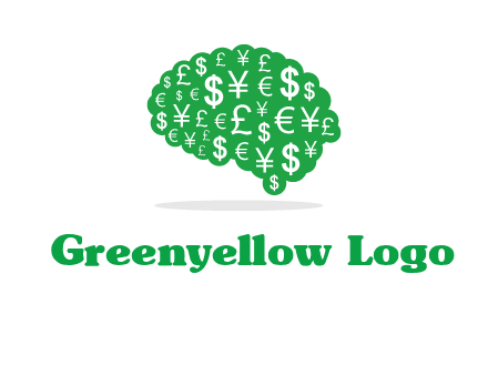 currency icons in brain shape logo