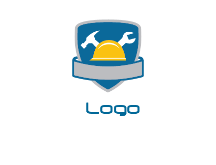 hammer and wrench over construction hat in shield logo
