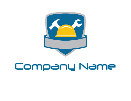 hammer and wrench over construction hat in shield logo