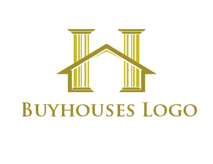 two pillars with a house forming an H