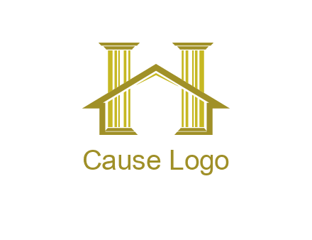 two pillars with a house forming an H