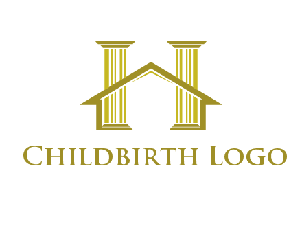 two pillars with a house forming an H
