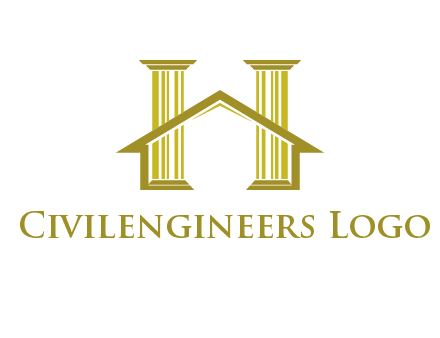 two pillars with a house forming an H