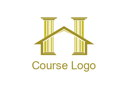 two pillars with a house forming an H