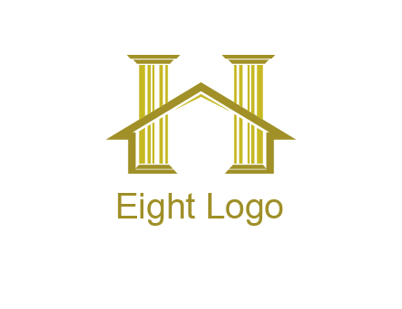 two pillars with a house forming an H