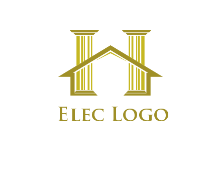 two pillars with a house forming an H