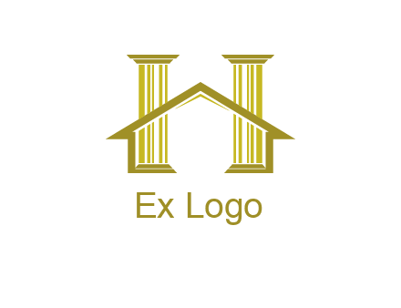 two pillars with a house forming an H