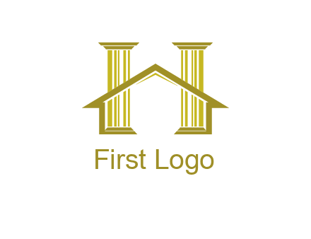 two pillars with a house forming an H