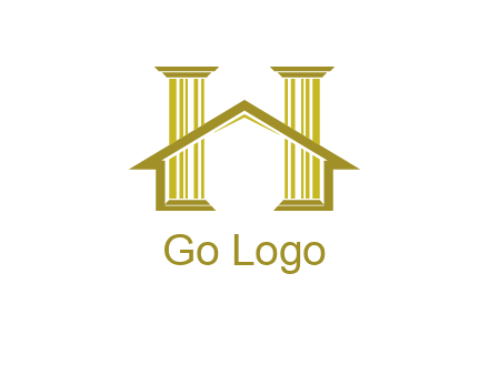 two pillars with a house forming an H