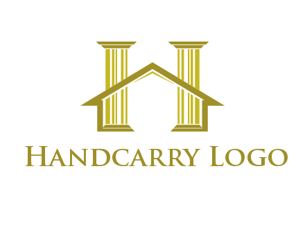 two pillars with a house forming an H