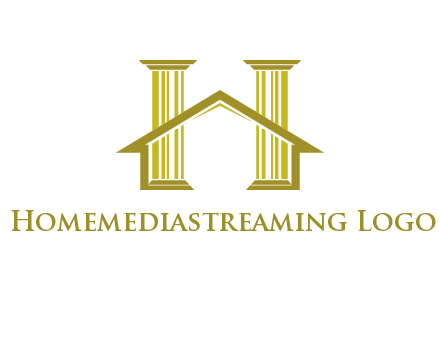 two pillars with a house forming an H