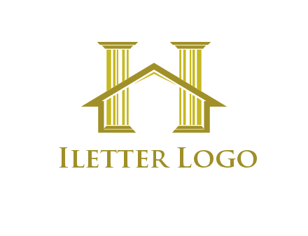 two pillars with a house forming an H
