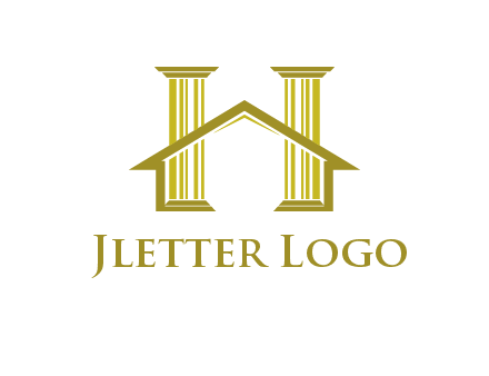 two pillars with a house forming an H